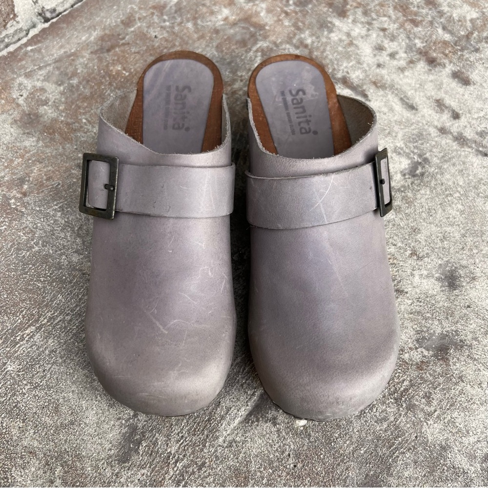 Sanita Gray Suede Buckle Clog Mule - Picture 3 of 13